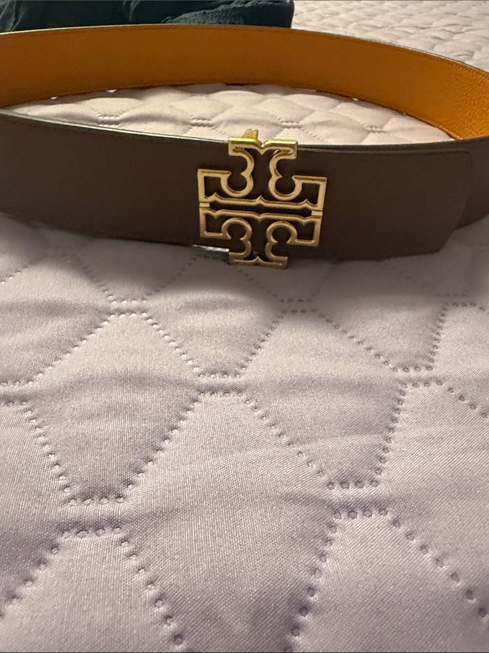 Tory Burch Brown and Yellow Double-Face Leather Belt with Gold Logo Buckle